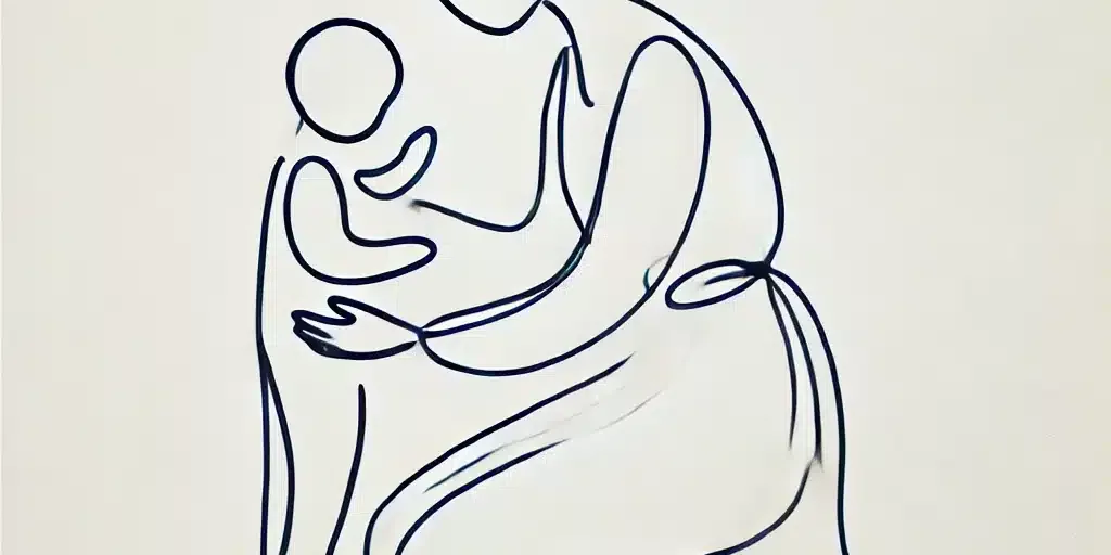 DALL·E 2024-12-13 10.45.42 – A minimalistic illustration on a white background, created in a continuous line style without lifting the pen. The artwork depicts a nurturing mother Figures d’attachement et thérapie des schémas