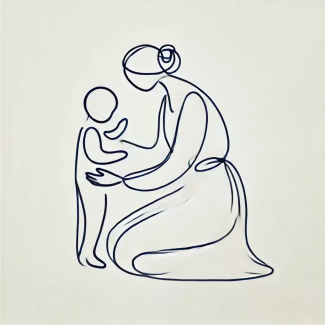 DALL·E 2024-12-13 10.45.42 – A minimalistic illustration on a white background, created in a continuous line style without lifting the pen. The artwork depicts a nurturing mother Figures d’attachement et thérapie des schémas