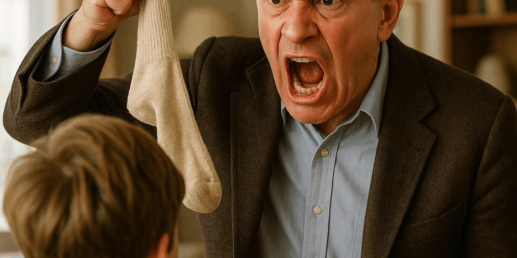 fury Illustration d’un homme expressif en colère, brandissant une chaussette à la main, dans une scène humoristique rappelant le stress parental.