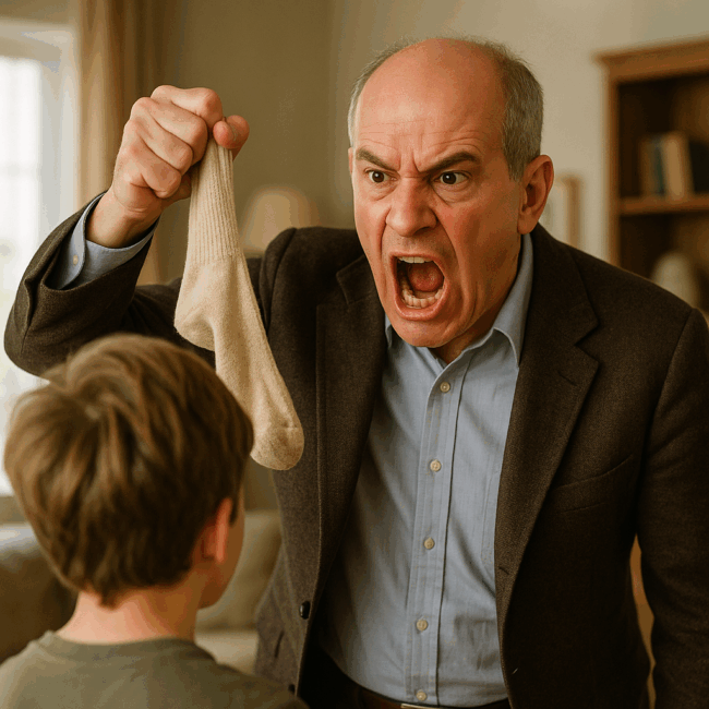 fury Illustration d’un homme expressif en colère, brandissant une chaussette à la main, dans une scène humoristique rappelant le stress parental.