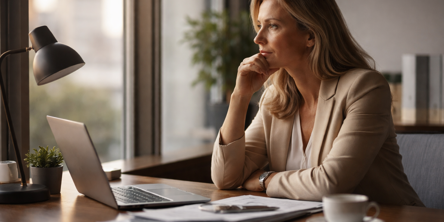 accompagnement psychologique des dirigeants : dirigeante en réflexion face aux responsabilités professionnelles