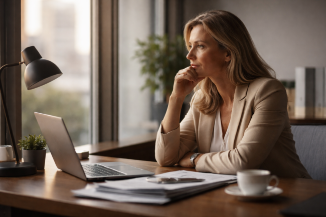 accompagnement psychologique des dirigeants : dirigeante en réflexion face aux responsabilités professionnelles