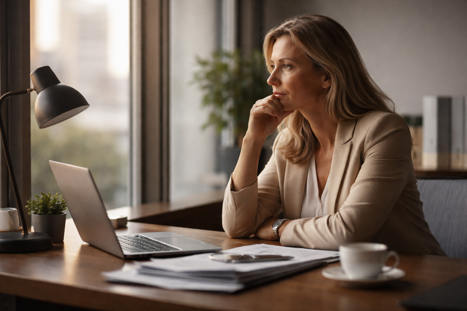 accompagnement psychologique des dirigeants : dirigeante en réflexion face aux responsabilités professionnelles
