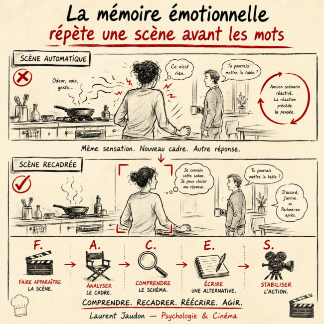 Affiche pédagogique sur la mémoire émotionnelle, la méthode F.A.C.E.S. et la consultation avec un psychologue à Paris.