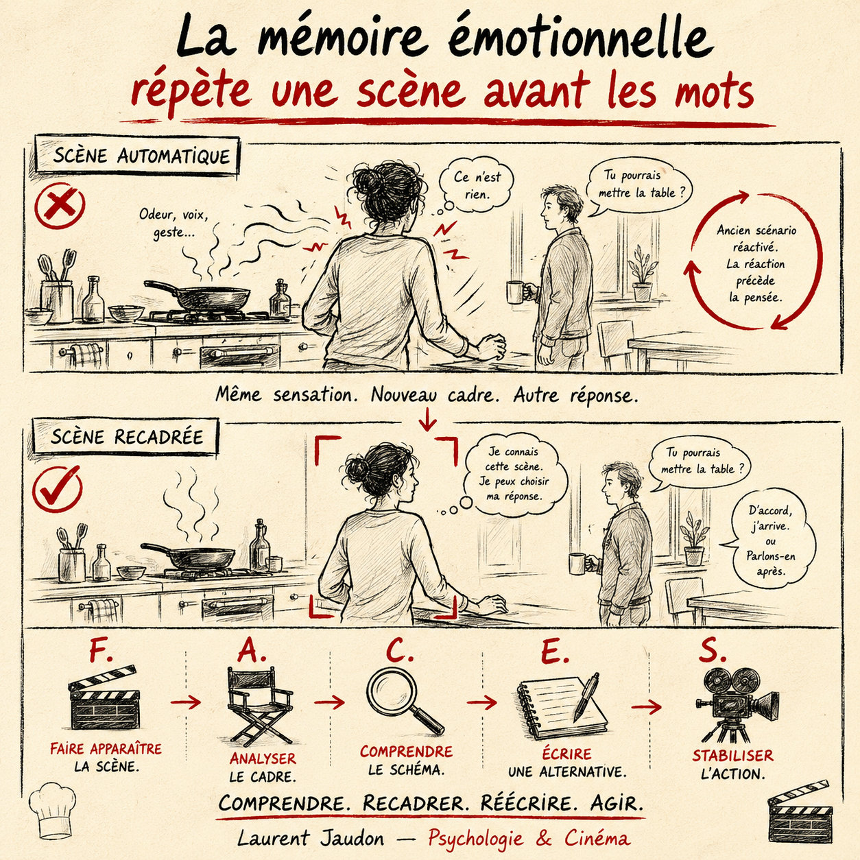 La mémoire émotionnelle répète une scène avant les mots Affiche pédagogique sur la mémoire émotionnelle, la méthode F.A.C.E.S. et la consultation avec un psychologue à Paris.