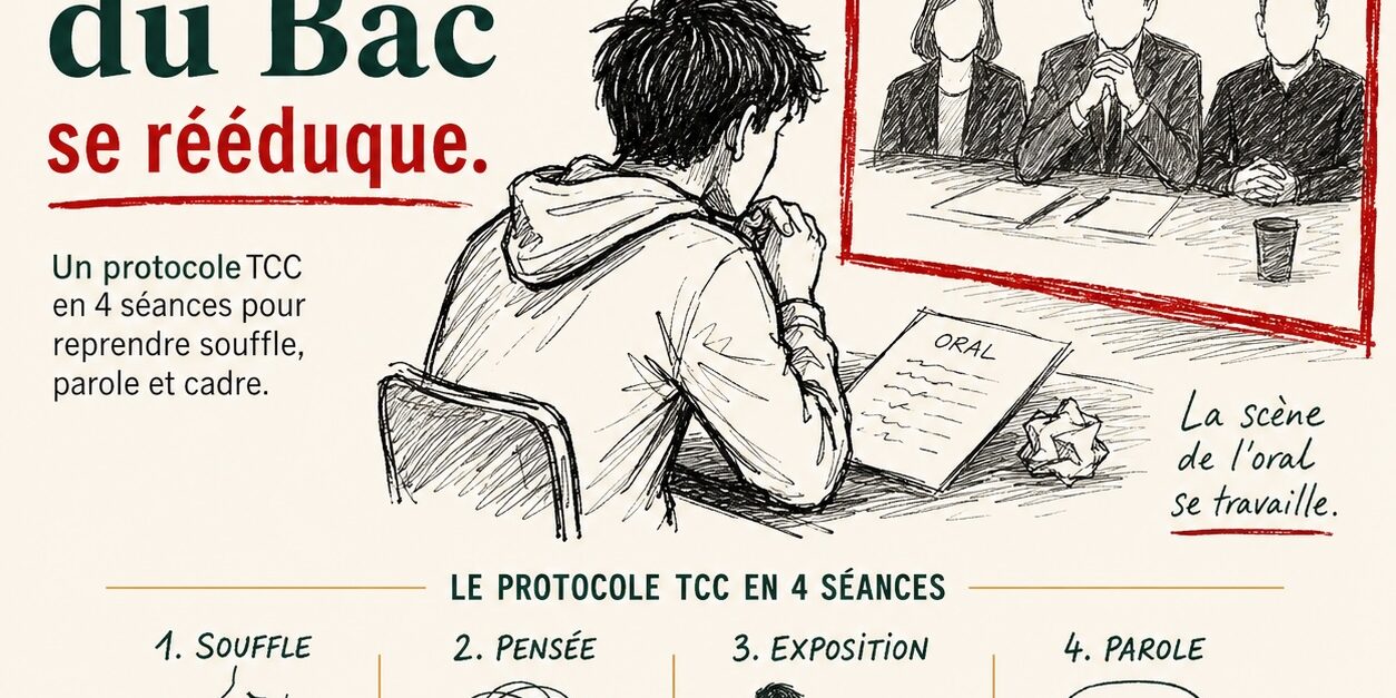 Stress des oraux du Bac et protocole TCC adolescent stress oraux bac TCC avec adolescent préparant un oral à Paris