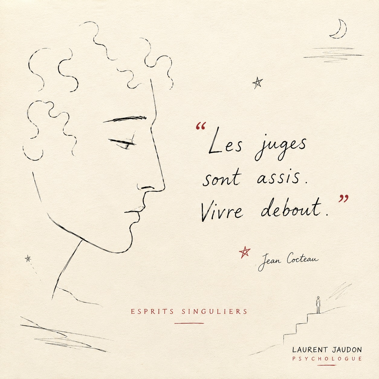 Illustration pour esprits singuliers et HPI avec citation de Jean Cocteau, Laurent Jaudon psychologue à Paris.