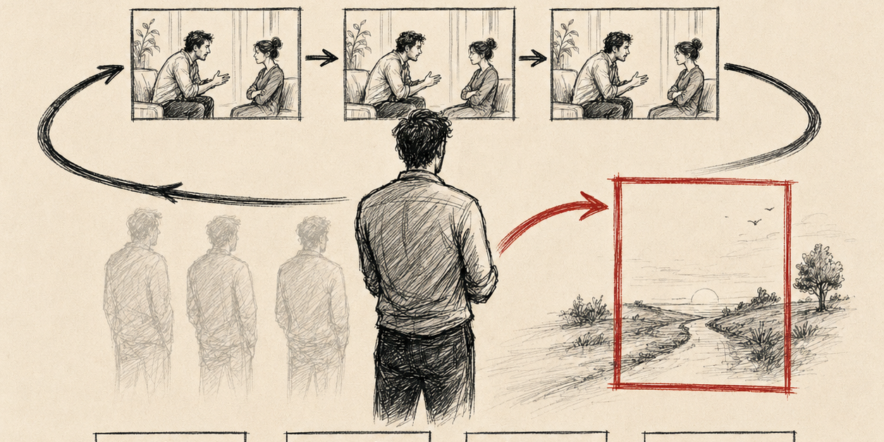 schemas-precoces-inadaptes-laurent-jaudon.png Personnage observant une scène répétitive illustrant les schémas précoces inadaptés.