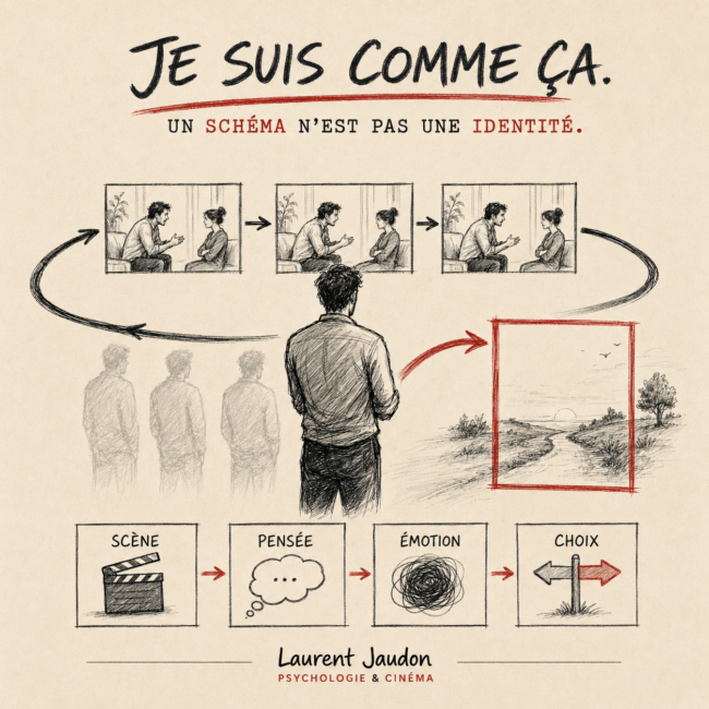 Personnage observant une scène répétitive illustrant les schémas précoces inadaptés.