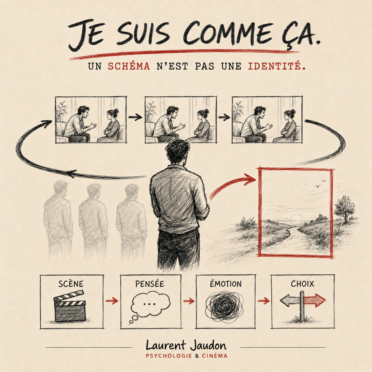 Personnage observant une scène répétitive illustrant les schémas précoces inadaptés.
