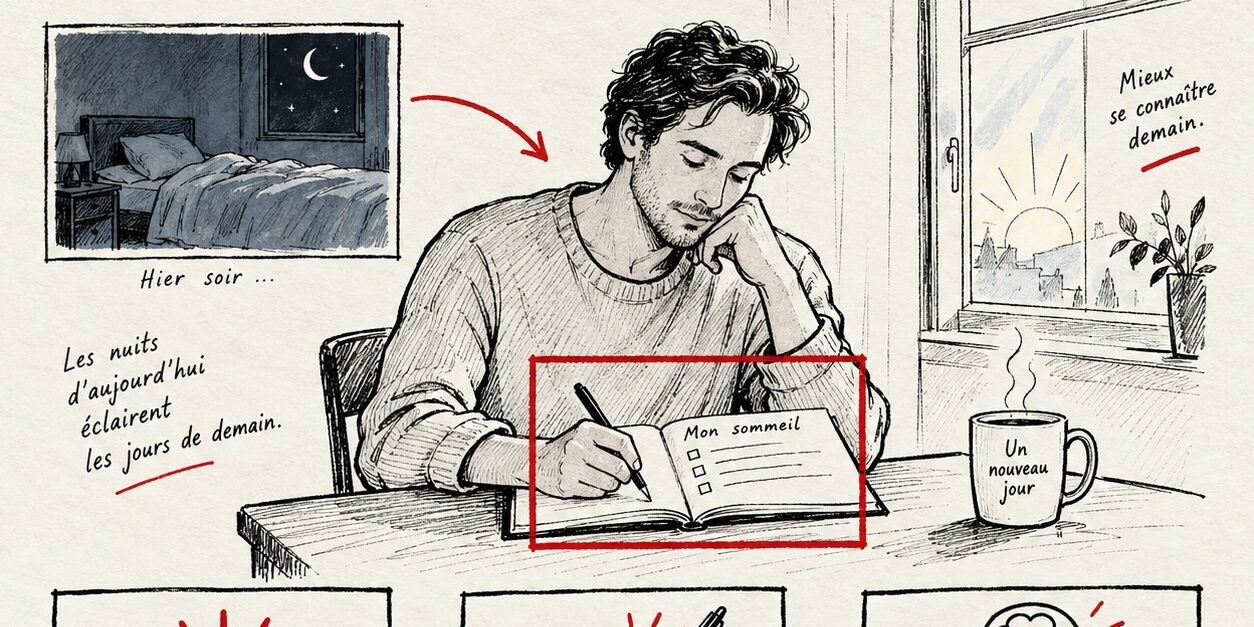 agenda-du-sommeil-laurent-jaudon Affiche dessinée : un adulte remplit son agenda du sommeil au réveil. Trois étapes : observer, noter, comprendre.