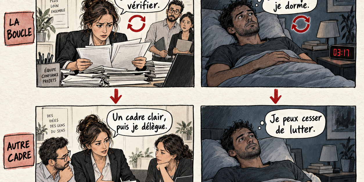 Une manager apprend à déléguer et un homme éveillé réduit la pression autour du sommeil, dans une affiche dessinée en quatre scènes.