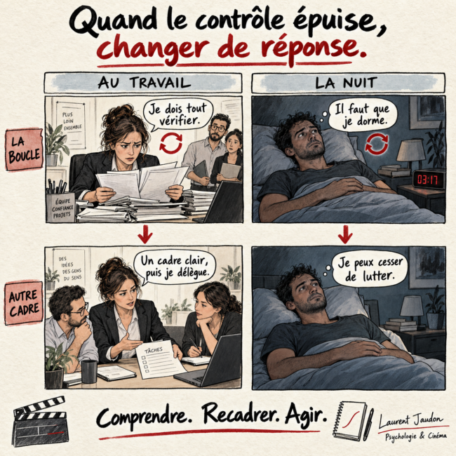 Une manager apprend à déléguer et un homme éveillé réduit la pression autour du sommeil, dans une affiche dessinée en quatre scènes.